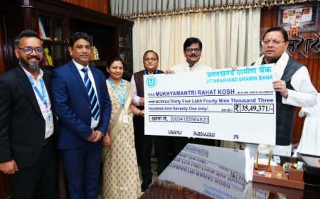 उत्तरांचल ग्रामीण बैंक के प्रतिनिधियों ने सीएम धामी से भेंटकर प्रदान की आपदा प्रभावितों एवं पुनर्निर्माण कार्यों हेतु रू0 35,49,371 की सहायता धनराशि