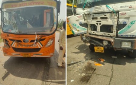 रोडवेज बस व डंपर में भिड़ंत, बस चालक एवं परिचालक सहित 14 यात्री घायल